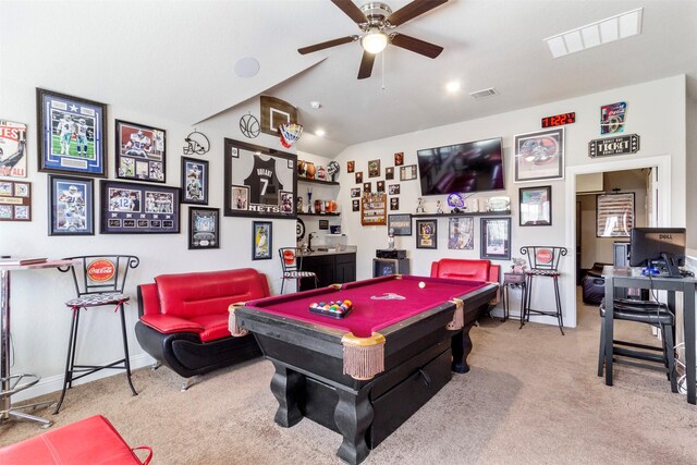 7407 Tudor Heights Ln, Spring, TX 77379 - playroom featuring lofted ceiling, billiards, carpet flooring, and a ceiling fan