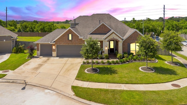 7407 Tudor Heights Ln, Spring, TX 77379 - view of front facade featuring brick siding, driveway, a garage, and a shingled roof