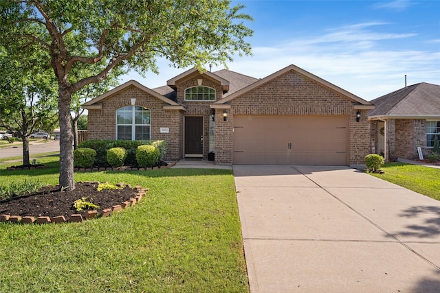ranch-style house featuring a garage, brick siding, a front yard, and concrete driveway