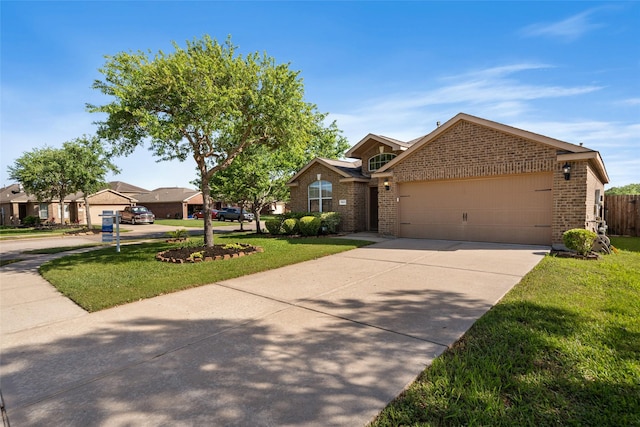 ranch-style house with concrete driveway, a front lawn, brick siding, and a garage
