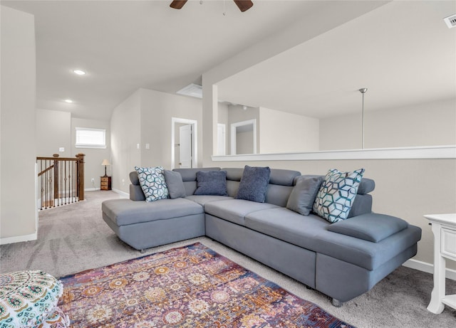 carpeted living area with baseboards, visible vents, ceiling fan, and recessed lighting