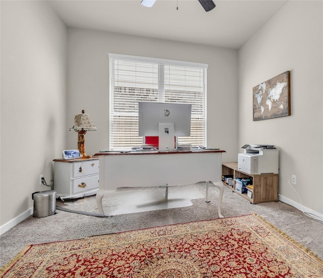17450 Tidewater Cypress Trl, Hockley, TX 77447 - office with carpet floors, baseboards, and a ceiling fan