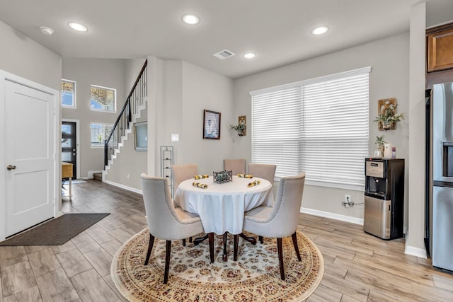 dining area with stairway, visible vents, recessed lighting, and baseboards