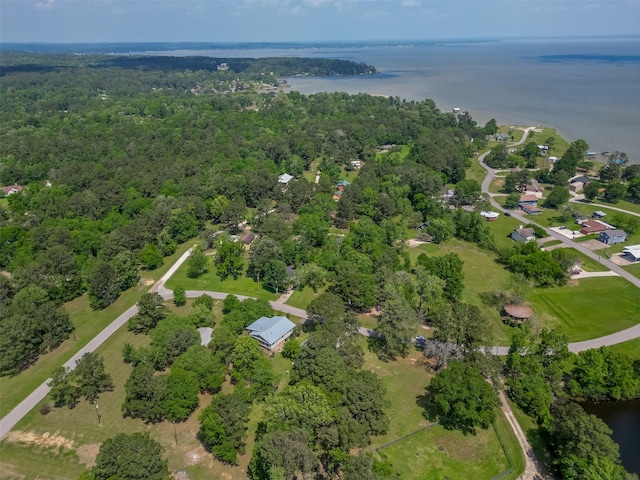 birds eye view of property featuring a forest view and a water view