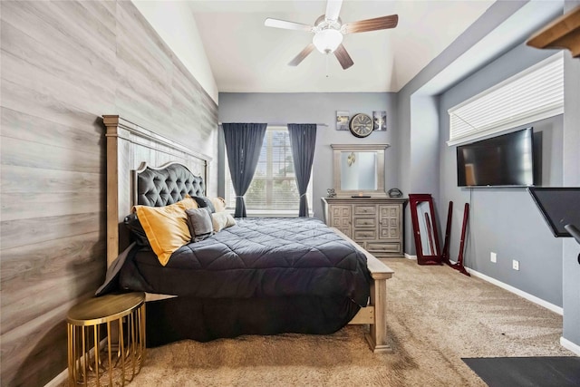 carpeted bedroom featuring baseboards, a ceiling fan, and lofted ceiling