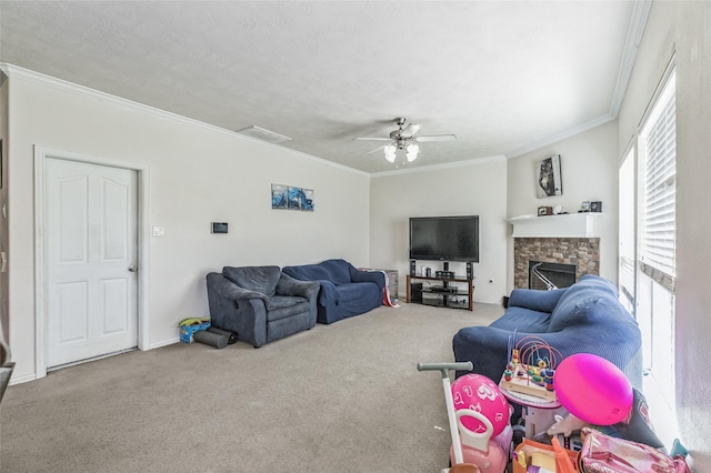2702 Lakecrest Way Dr, Katy, TX 77493 - living area with visible vents, carpet floors, ceiling fan, and crown molding
