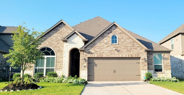 2711 Wollemi Pine Trl, Katy, TX 77493 - french country style house with driveway, stone siding, an attached garage, brick siding, and roof with shingles