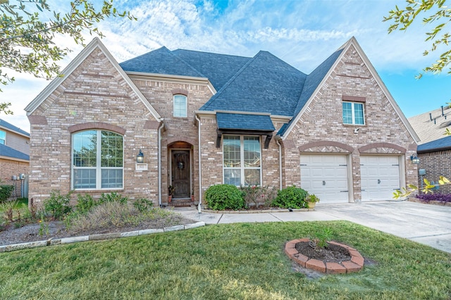 french country style house with a front lawn, driveway, a shingled roof, a garage, and brick siding