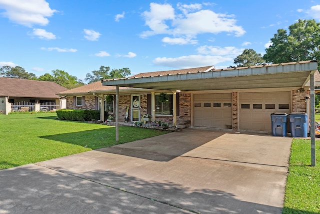 ranch-style home with a front lawn, concrete driveway, an attached garage, a porch, and brick siding