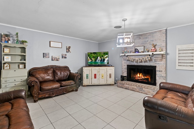 living area featuring crown molding, a brick fireplace, and light tile patterned flooring