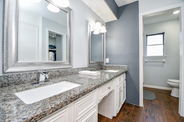 bathroom with double vanity, wood finished floors, baseboards, and a sink