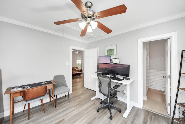 1561 Scharpe St, Houston, TX 77023 - home office featuring attic access, ceiling fan, ornamental molding, and light wood finished floors