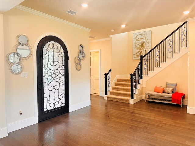 foyer entrance with baseboards, dark wood-style floors, recessed lighting, and stairway