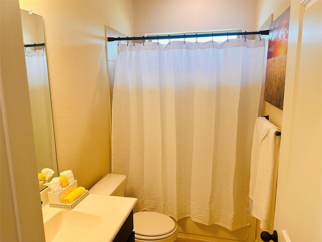 bathroom featuring shower / tub combo with curtain, vanity, a textured wall, and toilet