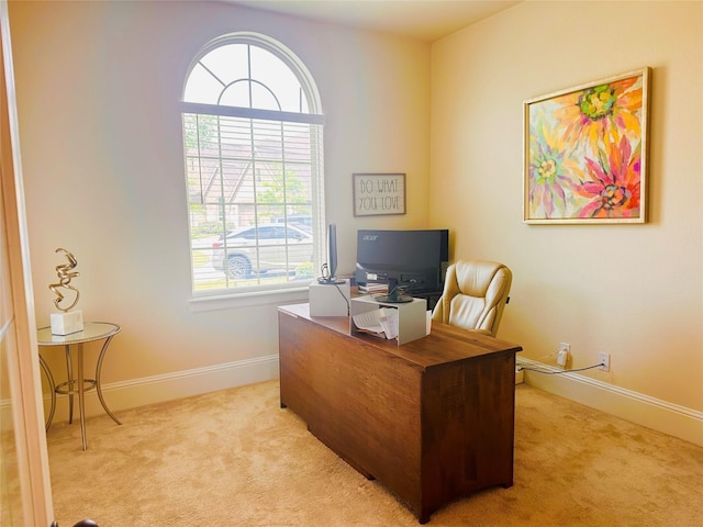 home office with light carpet and baseboards