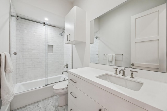 2926 Wroxton Rd, West University Place, TX 77005 - full bath with marble look tile flooring, vanity, bath / shower combo with glass door, toilet, and recessed lighting