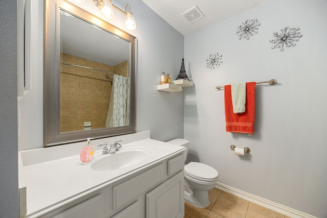 full bathroom featuring tile patterned flooring, vanity, toilet, a shower with shower curtain, and visible vents