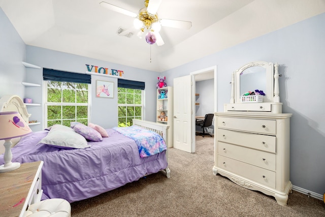bedroom featuring ceiling fan and light colored carpet