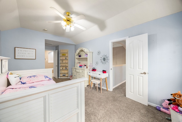 bedroom with ceiling fan, light carpet, baseboards, and lofted ceiling