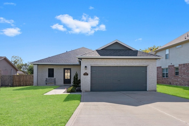 ranch-style house featuring an attached garage, concrete driveway, brick siding, and a shingled roof