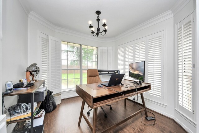 home office with baseboards, ornamental molding, a chandelier, and dark wood-style floors