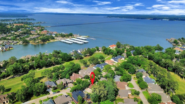 aerial view with a water view and a residential view