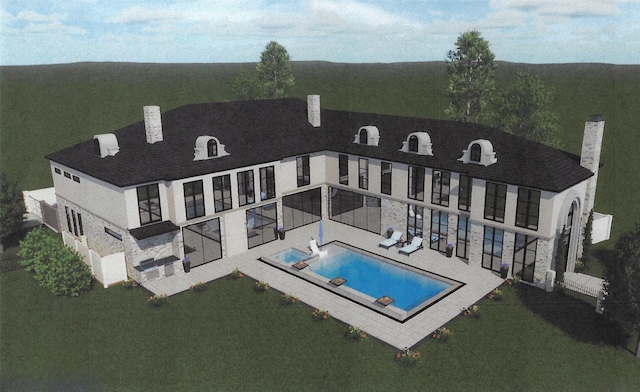 5517 Sturbridge Dr, Houston, TX 77056 - back of house with a chimney, a pool with connected hot tub, a patio area, and stucco siding