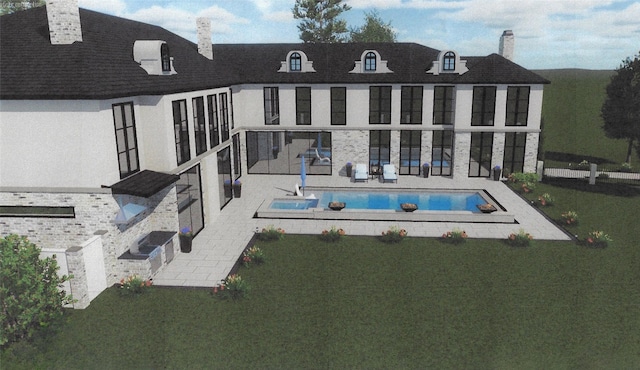 5517 Sturbridge Dr, Houston, TX 77056 - back of property featuring a chimney, an outdoor pool, a patio, and a lawn