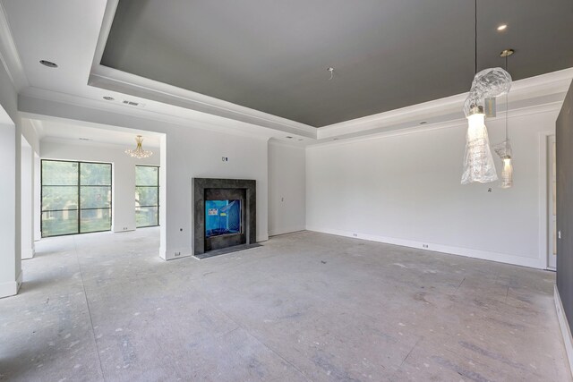5517 Sturbridge Dr, Houston, TX 77056 - unfurnished living room with a raised ceiling, a chandelier, concrete floors, baseboards, and a fireplace