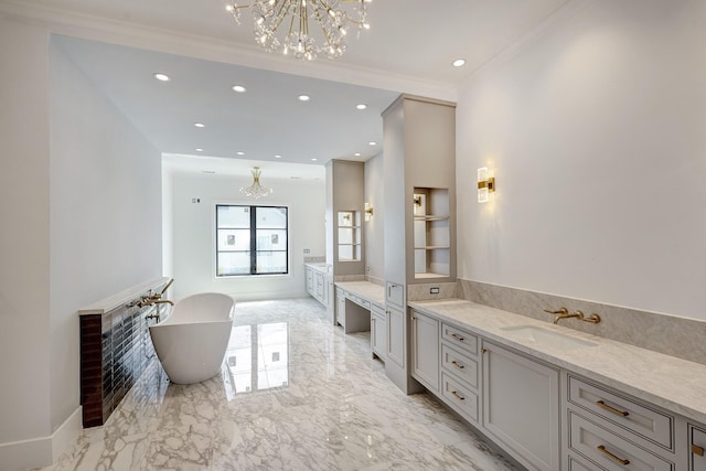 5517 Sturbridge Dr, Houston, TX 77056 - bathroom featuring a chandelier, a soaking tub, vanity, recessed lighting, and crown molding