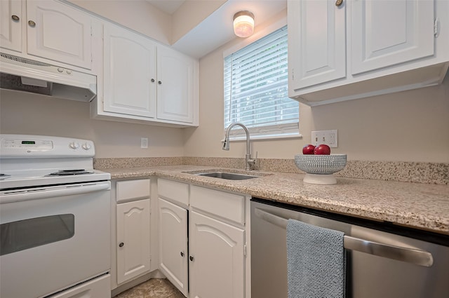 859 Wax Myrtle Ln, Houston, TX 77079 - kitchen featuring under cabinet range hood, dishwasher, a sink, white range with electric cooktop, and white cabinetry