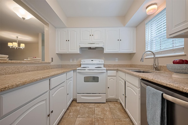 859 Wax Myrtle Ln, Houston, TX 77079 - kitchen with white electric stove, stainless steel dishwasher, a sink, white cabinetry, and under cabinet range hood