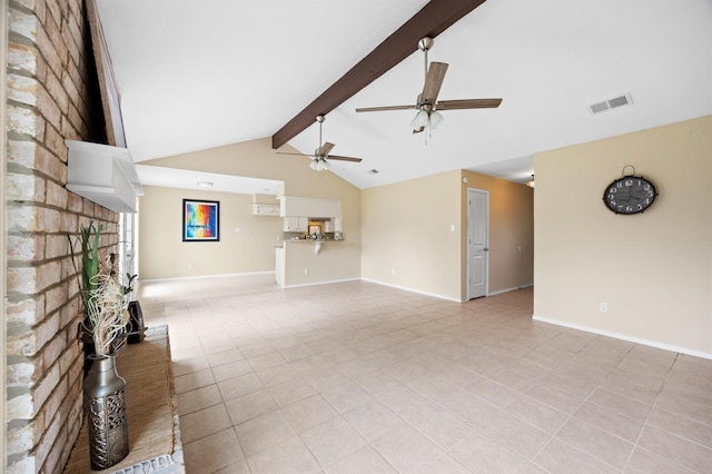 unfurnished living room featuring ceiling fan, vaulted ceiling with beams, visible vents, and light tile patterned floors