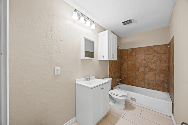 bathroom with tile patterned floors, shower / bathtub combination, vanity, and toilet