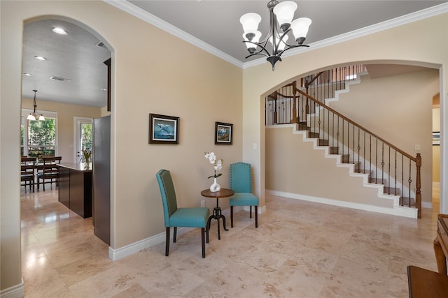 living area featuring stairs, a chandelier, baseboards, ornamental molding, and visible vents