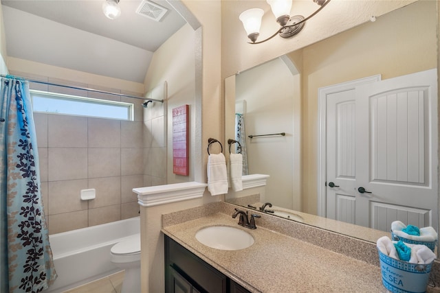 bathroom with toilet, visible vents, shower / tub combo, lofted ceiling, and vanity