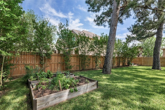 view of yard featuring a fenced backyard and a vegetable garden
