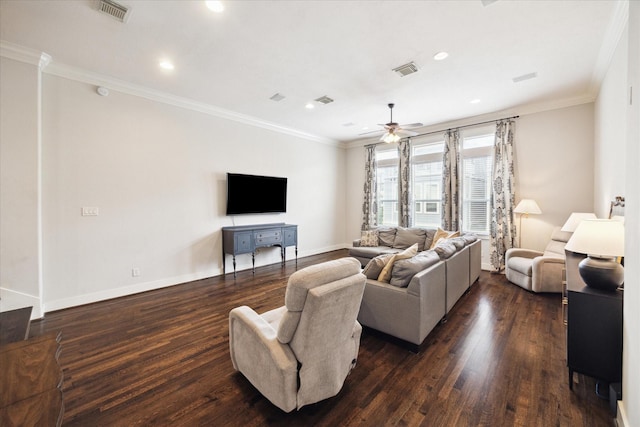 living room with visible vents, a ceiling fan, dark wood finished floors, and baseboards