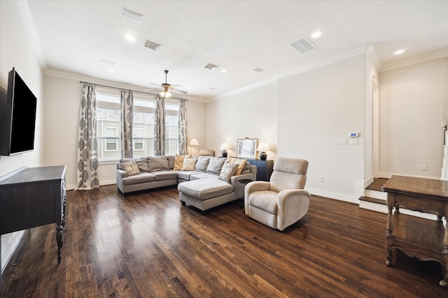 living room featuring baseboards, visible vents, ceiling fan, and dark wood-type flooring