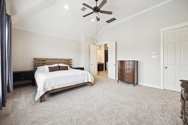 bedroom featuring lofted ceiling, visible vents, ornamental molding, and light carpet