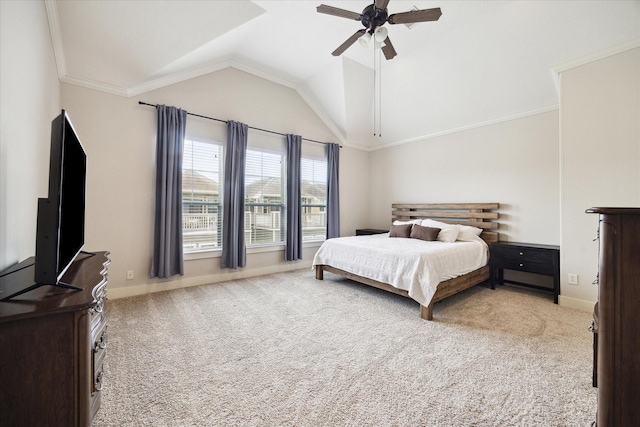 bedroom with baseboards, ceiling fan, carpet floors, and vaulted ceiling