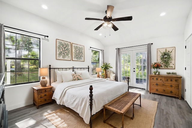 bedroom featuring recessed lighting, vaulted ceiling, wood finished floors, and access to outside