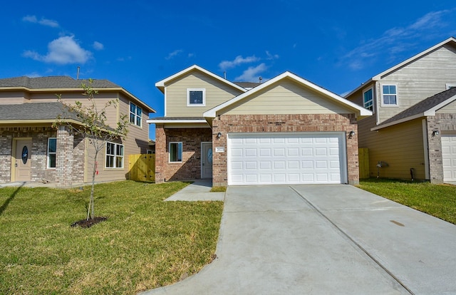 traditional home featuring brick siding, an attached garage, driveway, and a front yard