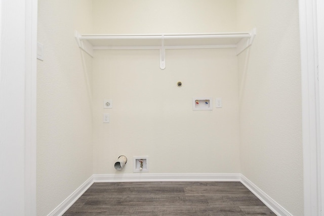 laundry room with hookup for an electric dryer, laundry area, dark wood-style flooring, and hookup for a gas dryer