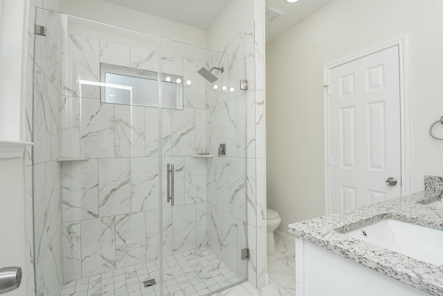 full bath featuring marble finish floor, toilet, vanity, and visible vents