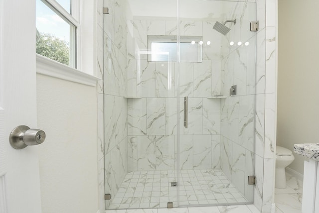 bathroom featuring baseboards, marble finish floor, a marble finish shower, and toilet