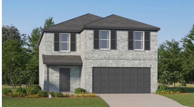 traditional-style home with a garage, driveway, a front lawn, and brick siding