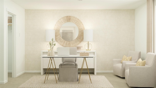 home office featuring baseboards and light colored carpet