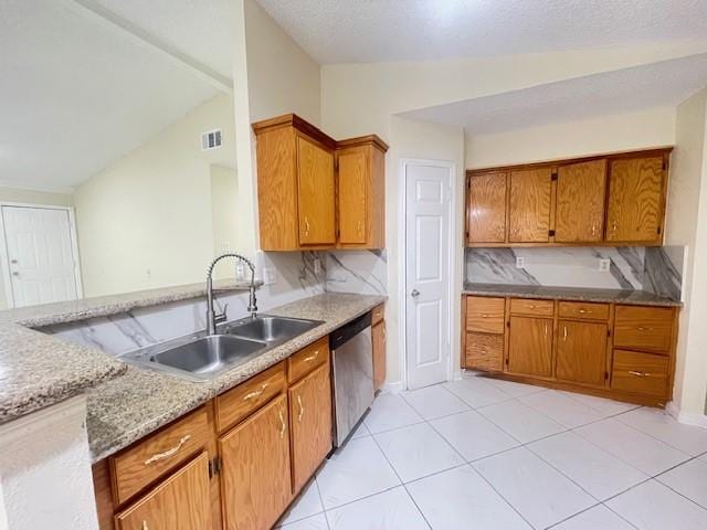 11411 Meadow Joy Dr, Houston, TX 77089 - kitchen featuring vaulted ceiling, dishwasher, brown cabinetry, and a sink