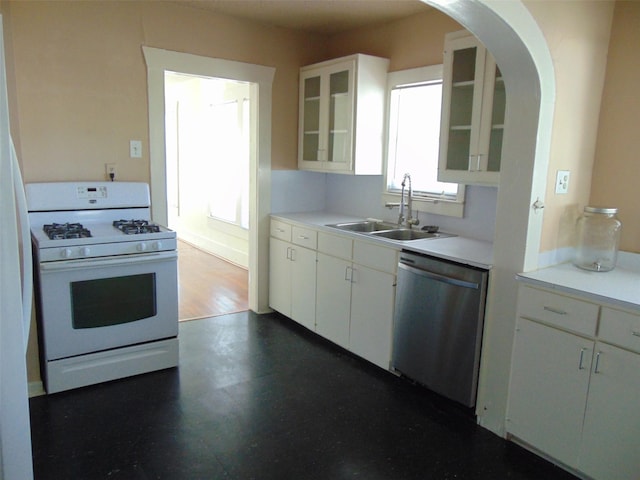 4620 Oak Ridge St, Houston, TX 77009 - kitchen with dishwasher, a sink, light countertops, white cabinets, and white range with gas cooktop